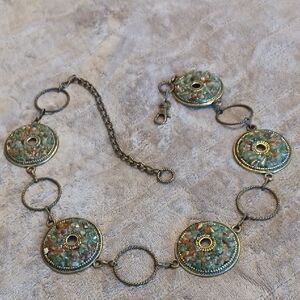 Retro Goldtone Chain Belt With Circles of Inlaid Stones In Sage, Tan & Brown